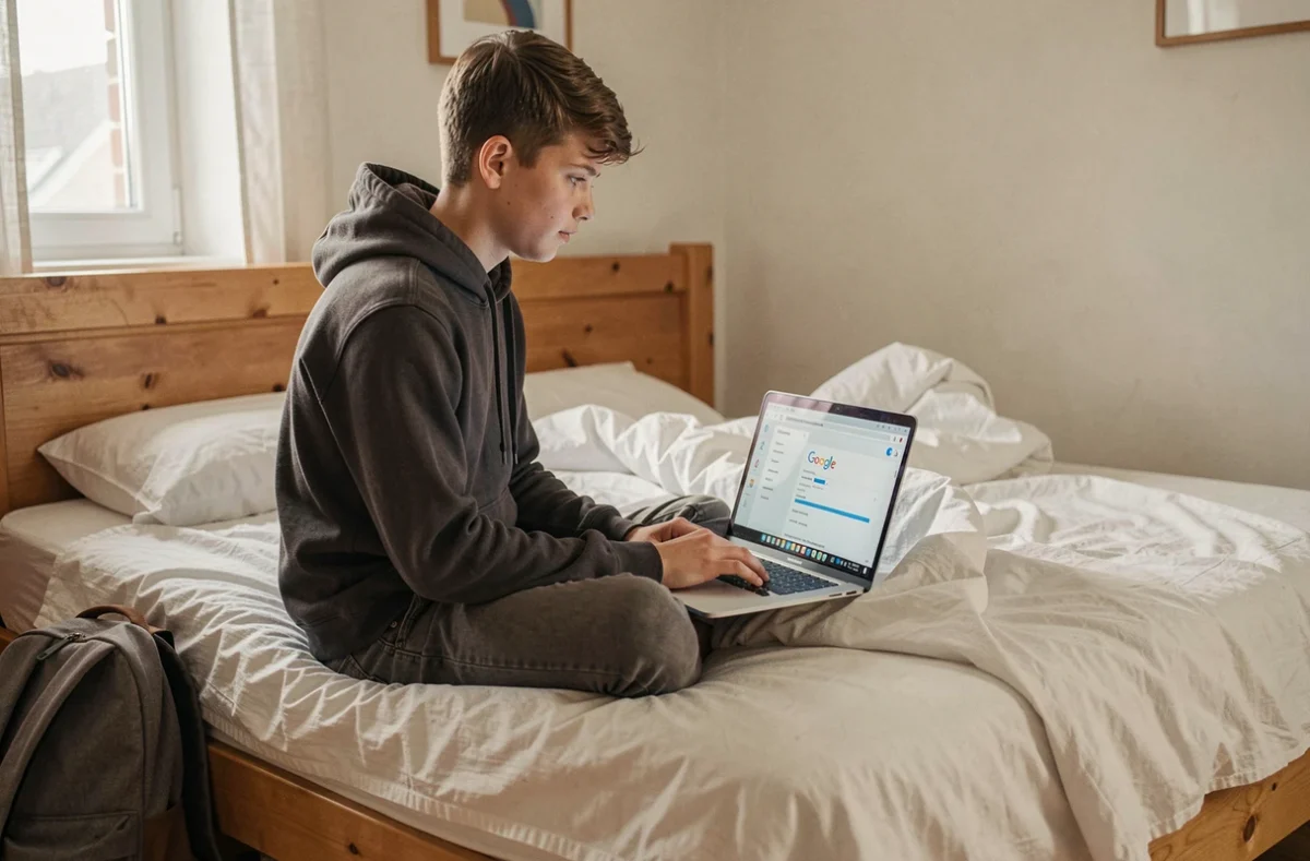 Adolescent vérifiant les paramètres de sécurité TLS sur Google Chrome depuis sa chambre sur un ordinateur portable