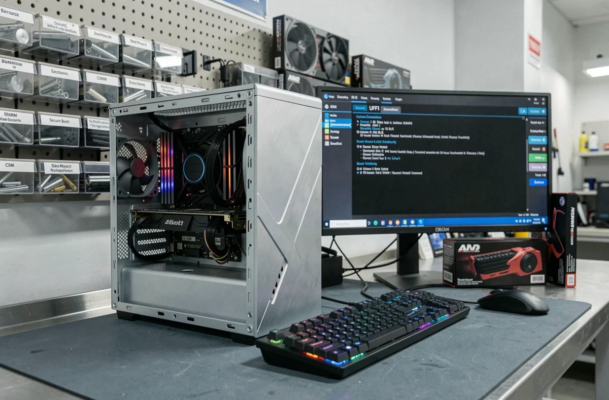 Tour PC ouverte sur établi professionnel affichant les options de configuration UEFI BIOS sur écran secondaire