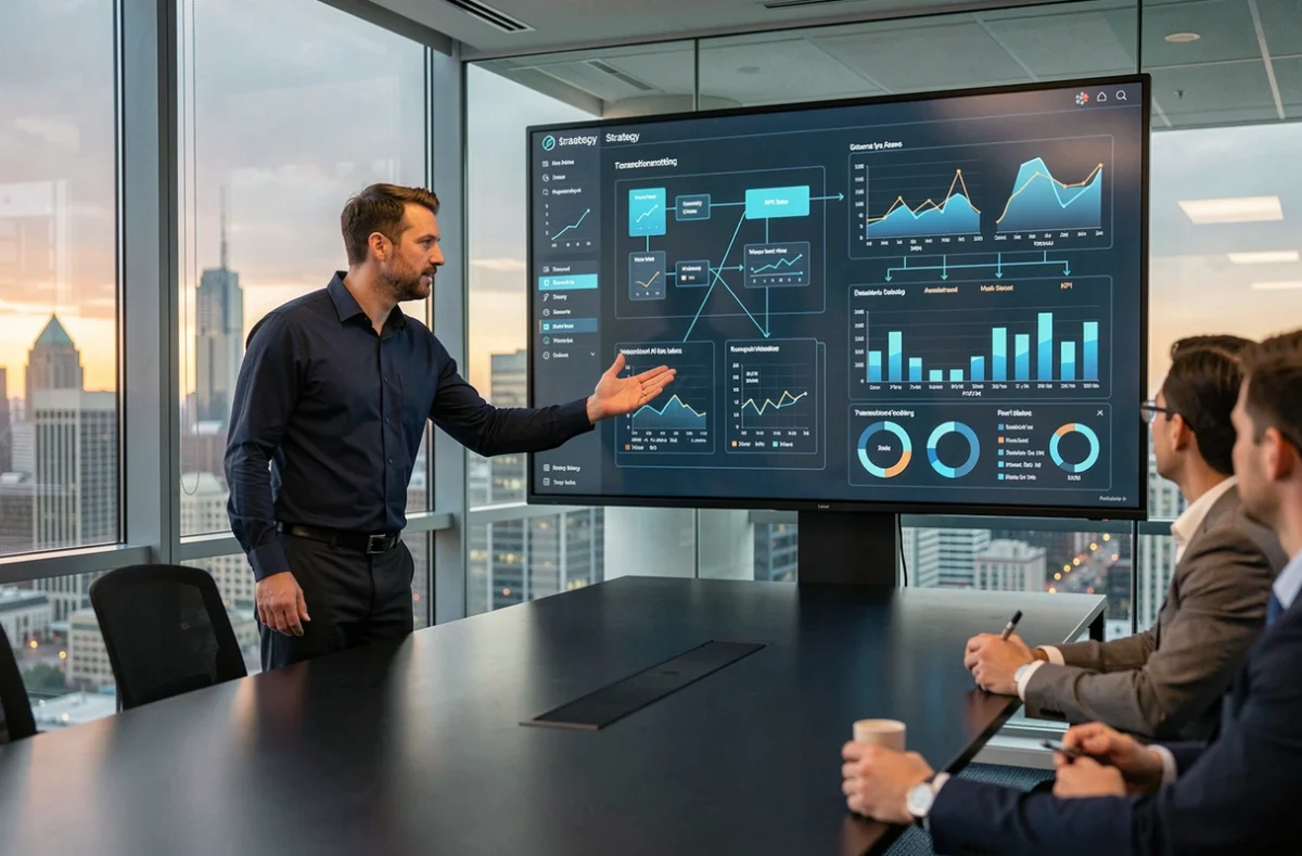 Manager présentant une stratégie de transformation digitale sur un tableau de bord interactif en salle de réunion, illustrant la différence entre numérisation et digitalisation en entreprise