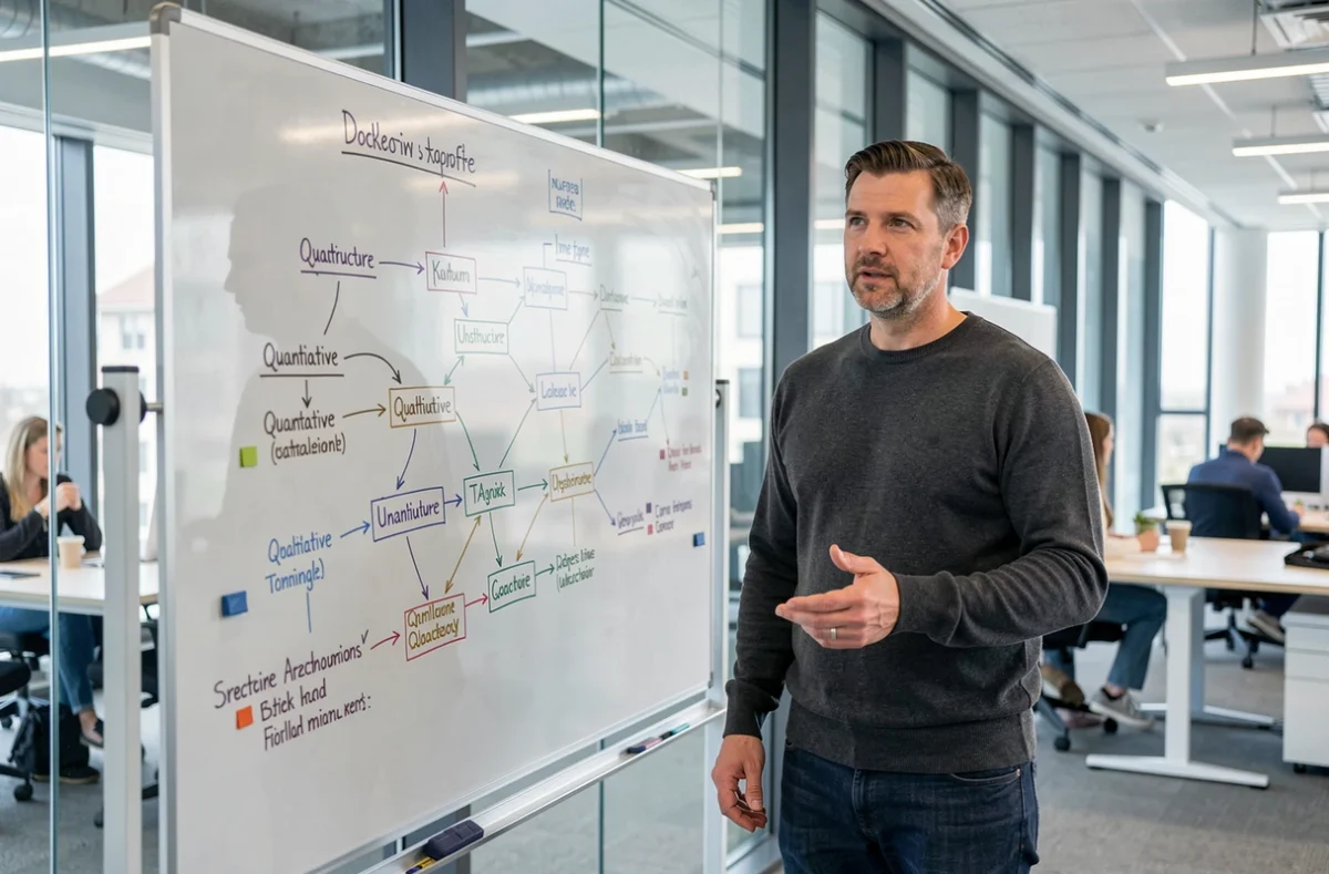 Homme debout devant un tableau blanc avec des diagrammes expliquant les types de données en analyse