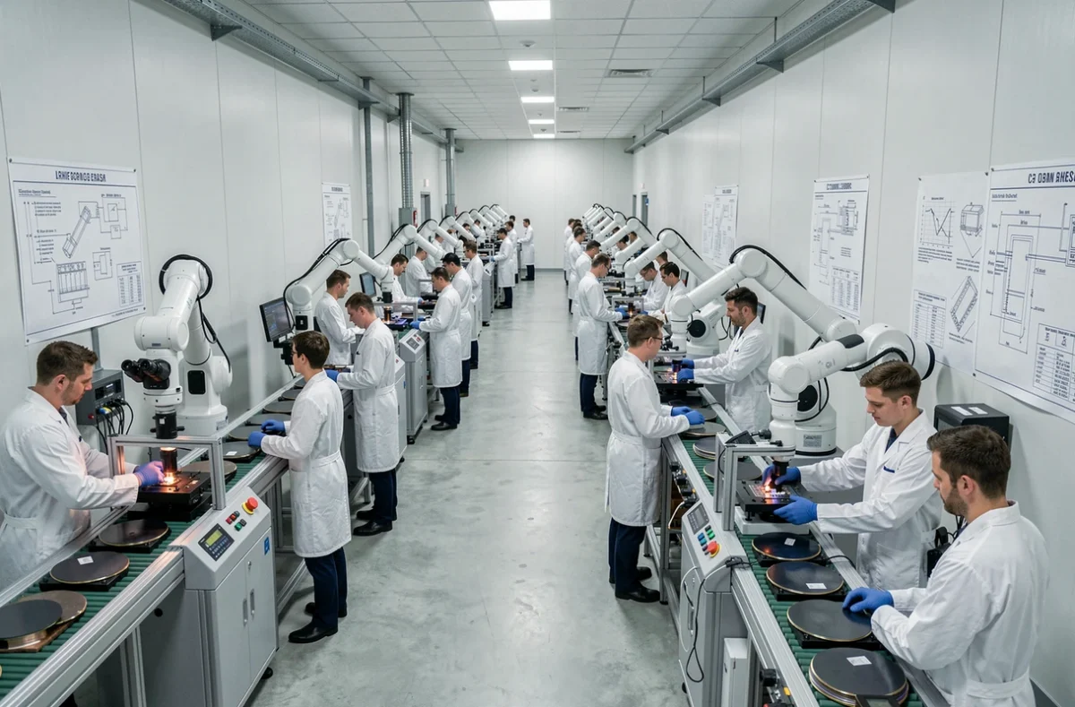 Usine de fabrication de puces électroniques avec des techniciens en salle blanche travaillant sur des circuits intégrés
