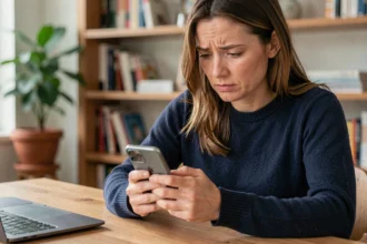 Femme vérifiant les paramètres de sécurité et la double authentification (2FA) sur son smartphone dans un bureau à domicile