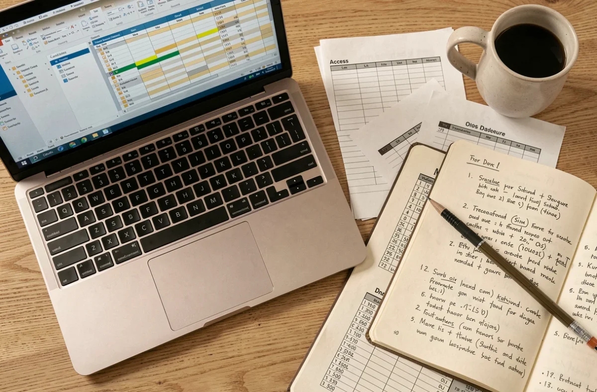 Vue aérienne d'un bureau avec interface Access sur ordinateur portable et feuilles Excel imprimées comparées